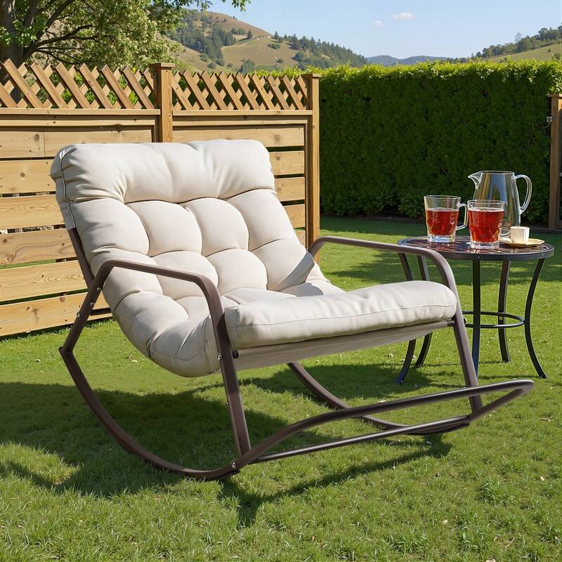 FINCATI Outdoor Patio Oversized Rocking Chair Papasan, Comfy Rocking Lounge Chair, Metal Rocking Chair with Cushion - 1 PC-Beige
