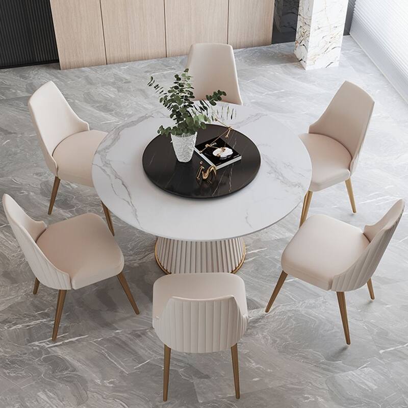 Modern Minimalist White Oval Dining Table with Glossy Sintered Stone Tabletop, Roman Column Frame Table Legs