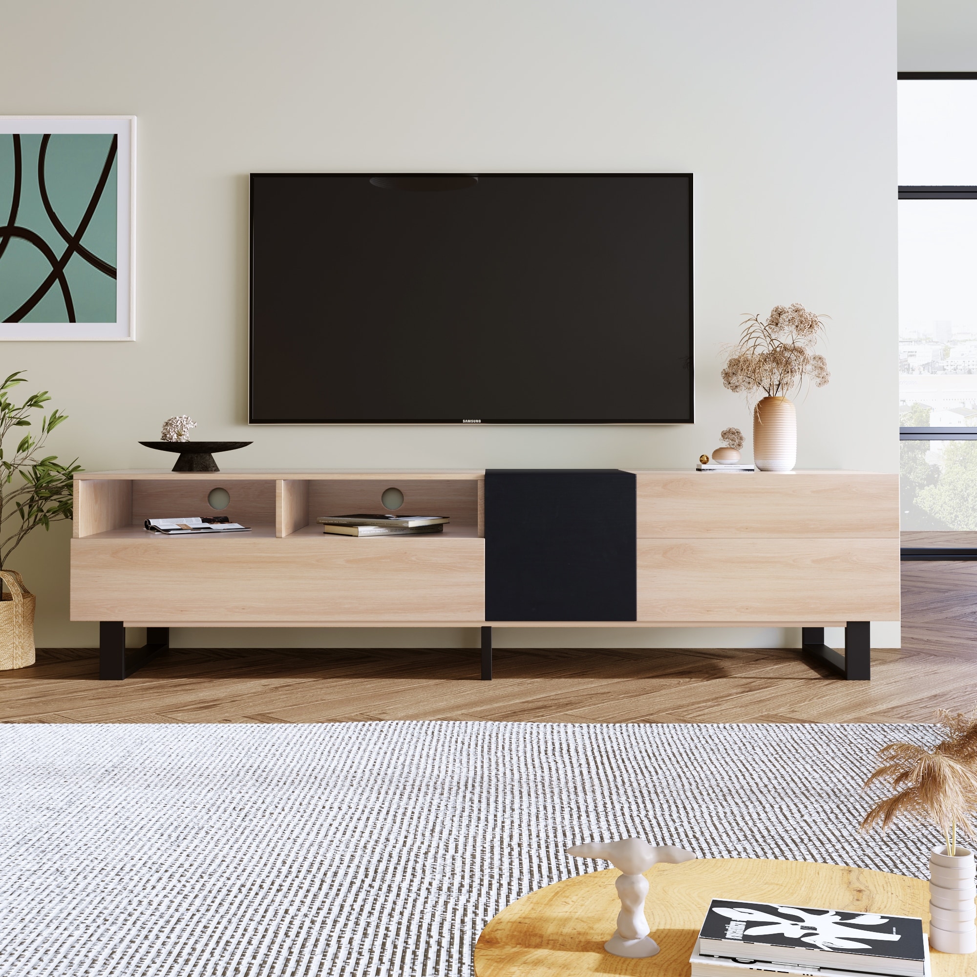 Modern TV Stand, for TVs Up to 80 Inches with Open Shelving, 2 Drawers and Drop-Down Door, for Living Rooms