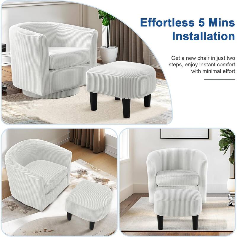 360° Swivel Accent Chair with Ottoman, Barrel Chair with Upholstered