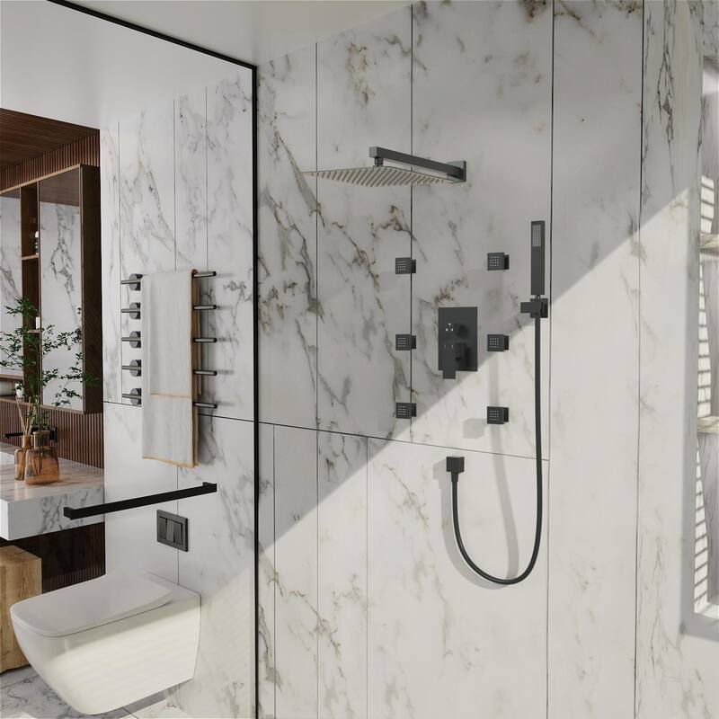 12" Wall Mount Rainfall 3 Way Thermostatic Faucet Shower System with Slide Bar, 6 Jets - Black