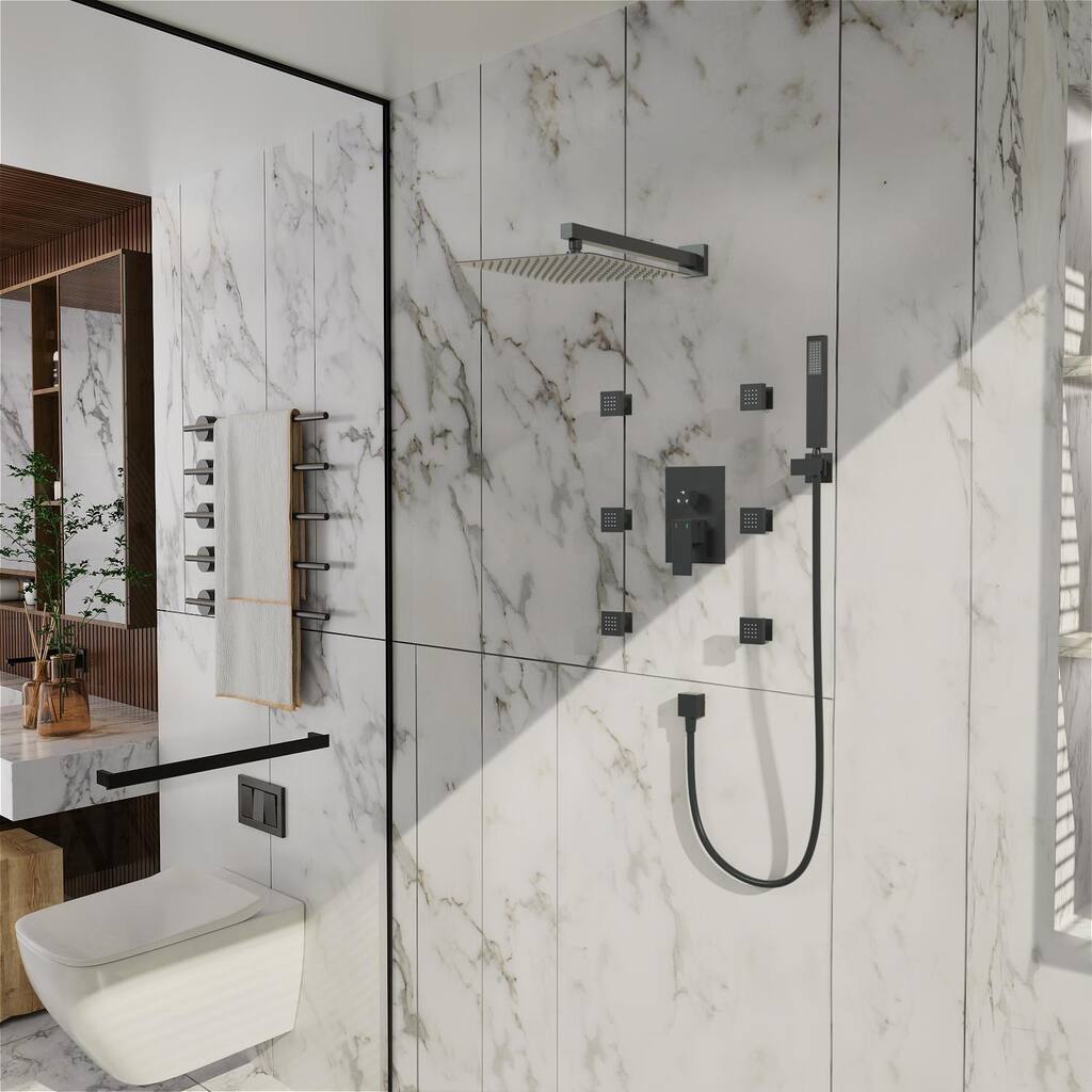 12" Wall Mount Rainfall 3 Way Thermostatic Faucet Shower System with Slide Bar, 6 Jets