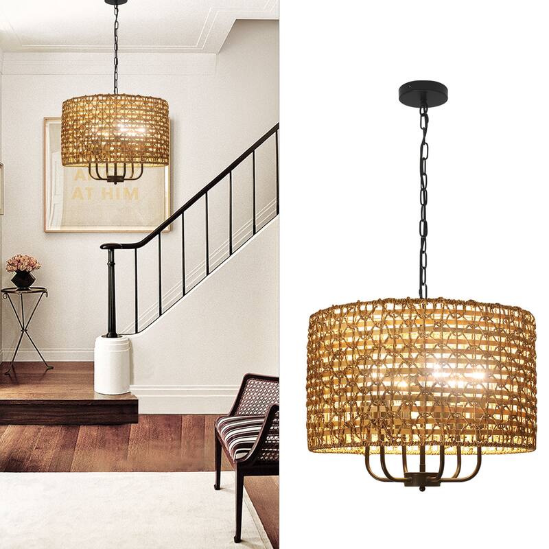6-Light Boho Handwoven Rattan with Candle Chandelier