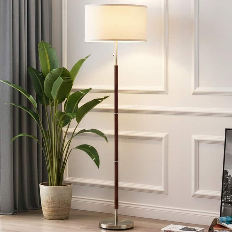 Brightech Carter 65 in. Walnut Brown Mid-Century Modern LED Super Bright Floor Lamp with Beige Fabric Drum Shade