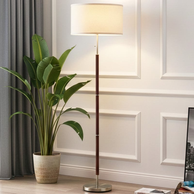 Brightech Carter 65 in. Walnut Brown Mid-Century Modern LED Super Bright Floor Lamp with Beige Fabric Drum Shade