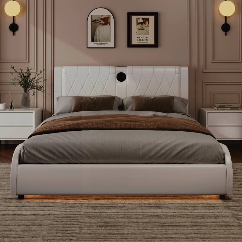 Faux Leather Upholstered Platform Bed with Thickened Headboard