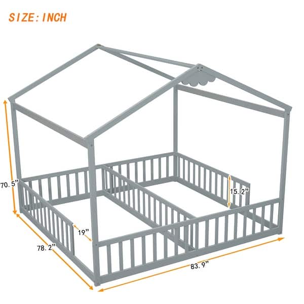 dimension image slide 1 of 2, Double Twin House-Style Floor Bed with Fence,Guardrails,Without Door