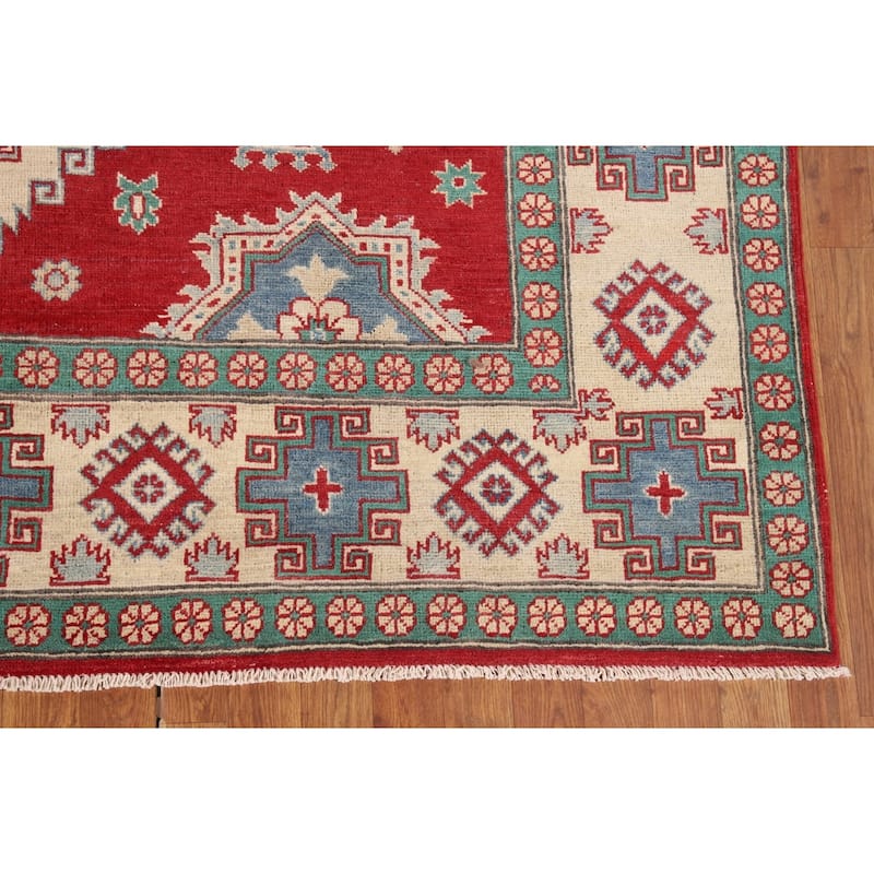 Geometric Red Kazak Oriental Area Rug Handmade Living Room Wool Carpet - 6'8" x 9'11"