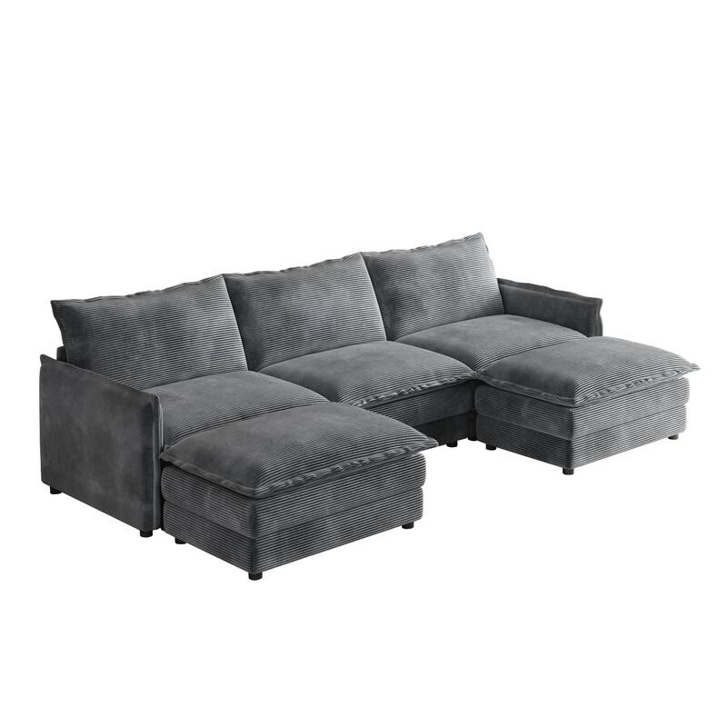 Corduroy Fabric 3-Seater Cloud Couch with 2 Movable Footrest,U Shaped Couch Set,Upholstered Deep Seat 2-Seat with 3 cushions