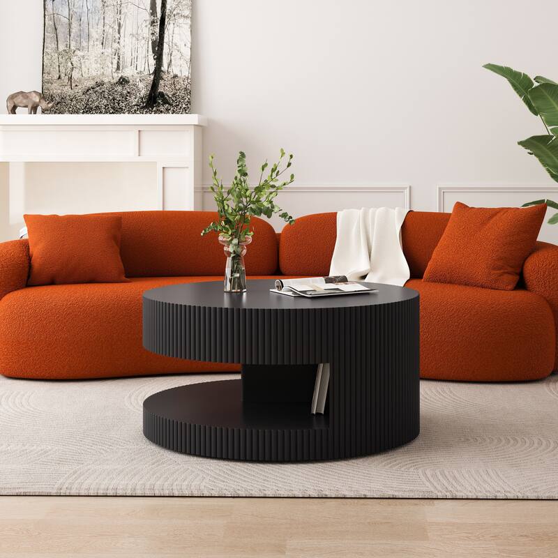 31.5'' Round Coffee Table,Modern Center Table with Storage,Vertical Stripe Design Coffee Table for Living Room,Bedroom