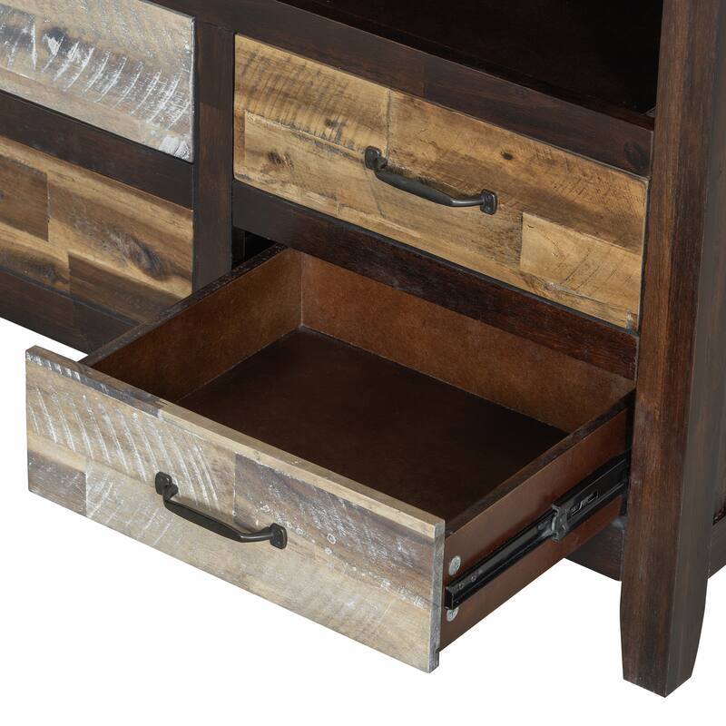 64" Distressed Wood TV Stand, 6 Drawer Storage & 3 Shelves, Cable Management - Farmhouse Style