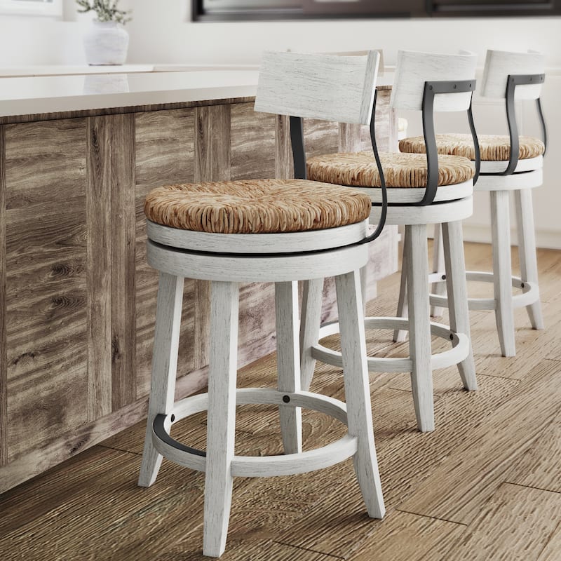 Farmhouse Swivel Wood and Steel Bar Stool with Natural Seagrass Seat - Reclaimed White - Counter Height