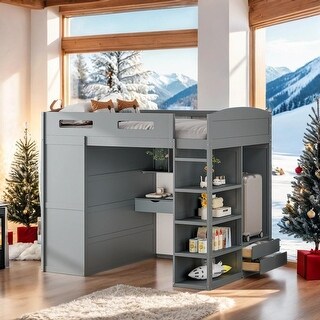 Full Size Loft Bed with Desk, Wardrobes, 4 Drawers and 4 Shelves, Grey