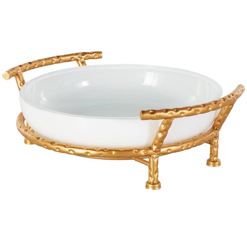 Tempered Glass Kitchen Serving Bowl with Gold Metal Stand - White - Roche River Decor - 12"W x 15"L x 5"H