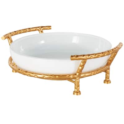 Tempered Glass Kitchen Serving Bowl with Gold Metal Stand - White - Roche River Decor - 12"W x 15"L x 5"H