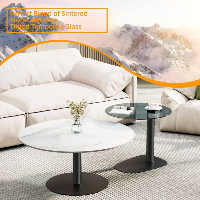 Modern Round Nesting Coffee Table Sintered Stone Tempered Glass Top - 32"x16"