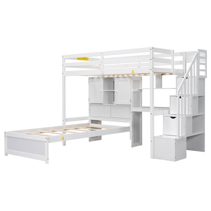 Twin over Twin Loft Bed L-Shaped Bunk Bed with Desk and Storage Shelf, Storage Stairs, Double Door Storage Headboard