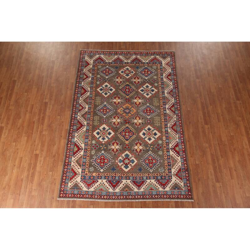 Geometric Brown Kazak Area Rug Handmade Wool Carpet - 6'7" x 9'10"