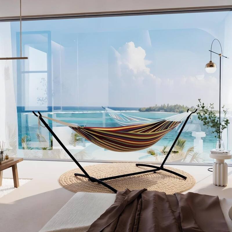Double Hammock with Foldable Steel Frame for Garden Yard Outdoor 450 lbs Capacity - N/A