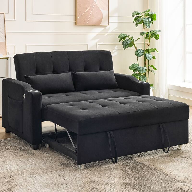 3-in-1 Convertible Sleeper Sofa Bed with Pull-Out Bed, Corduroy Futon, Charging Port & Side Pocket - Black