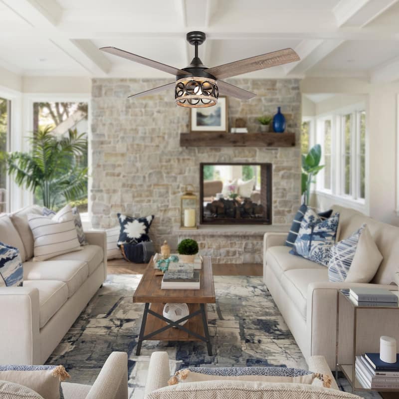 52-in Farmhouse 4-blade 3-Light Brown Wood Grain Ceiling Fan with Remote and Light Kit - 52 Inches
