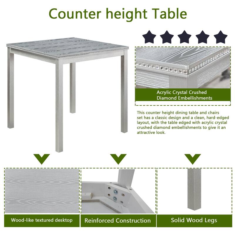 5 Pcs Counter Height Dining Table Set, Wooden Diningroom Furniture Set with Square Table and 4 Upholstered Chairs