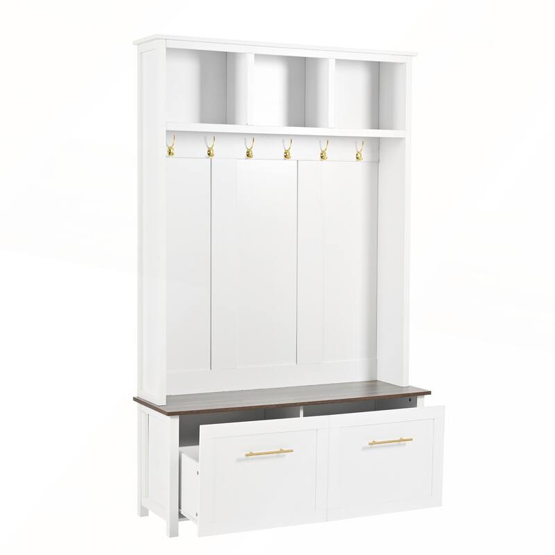 Versatile 4-in-1 Hall Tree with 6 Golden Hooks and Wood Grain Bench