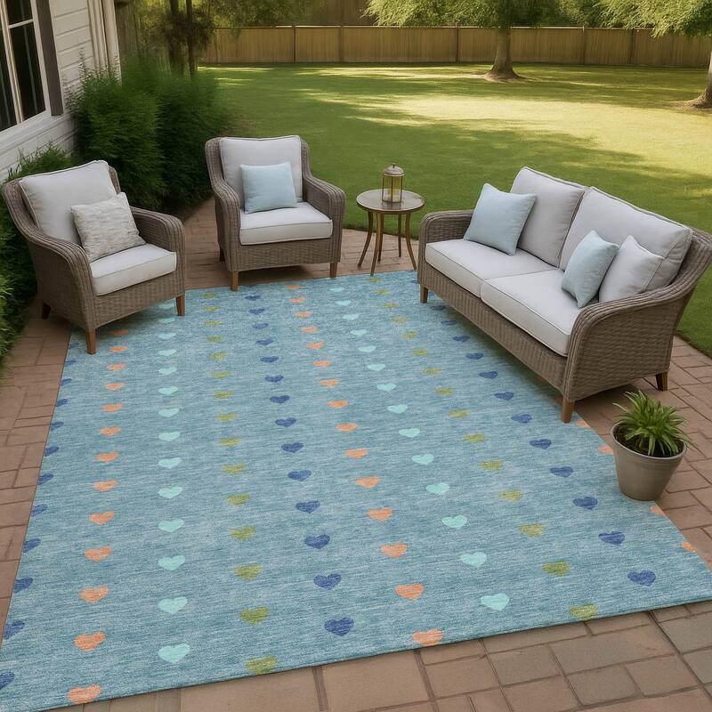 Machine Washable Indoor/ Outdoor Modern Hearts Chantille Rug - Teal - 8' x 10'