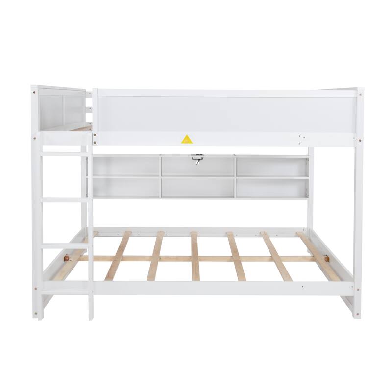 Queen Over Queen Size with Underbed Storage Bookcase and Charging Station, Wood Bunk Bed Frame with Panel Guardrails and Ladder