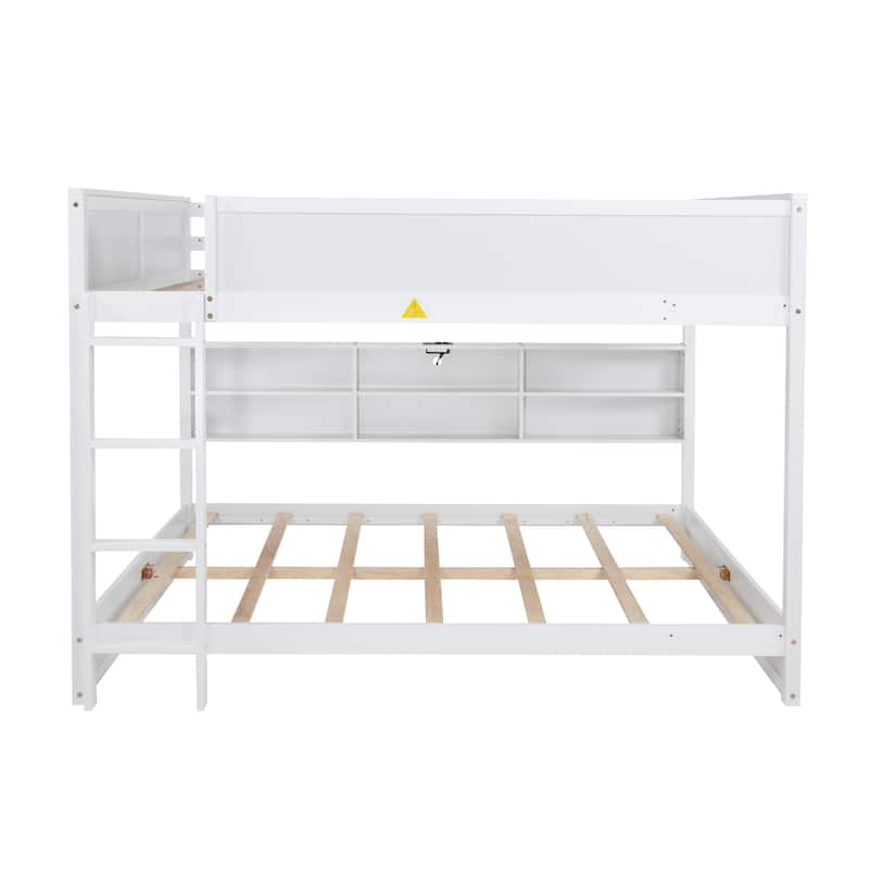 Wooden Queen Size Bunk Bed Frame with Charging Station and Storage Cabinets, Solid Pinewood Bunk Bed Frame, Queen over Queen