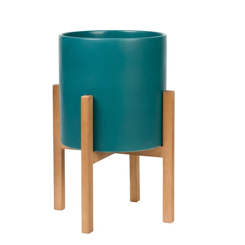 Liam Modern Ceramic Planter with Wood Legs - 22"H x 15.5"W - Green