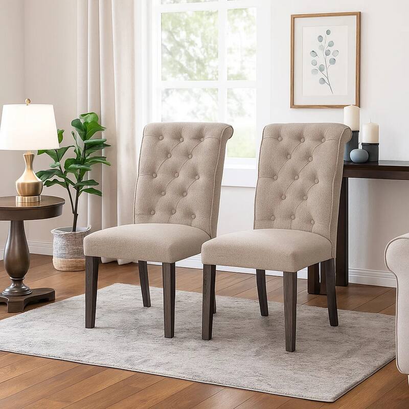 Side Chair with Button Tufted Backrest, Set of 2, Beige