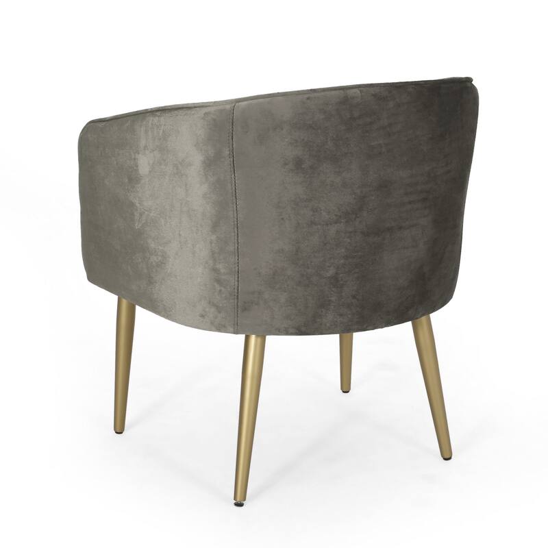Dining Armchair, Round Button Tufted Backrest, Gray Velvet, Gold Legs