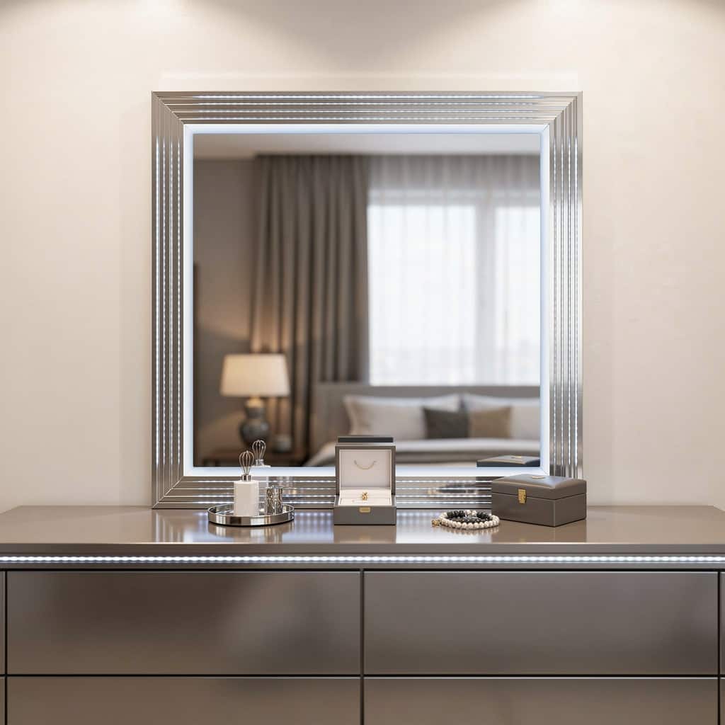 HomeRoots 42" White Wood Square Lighted Dresser Mount Framed Mirror - 41.73 in. x 41.73 in. x 2.05 in.