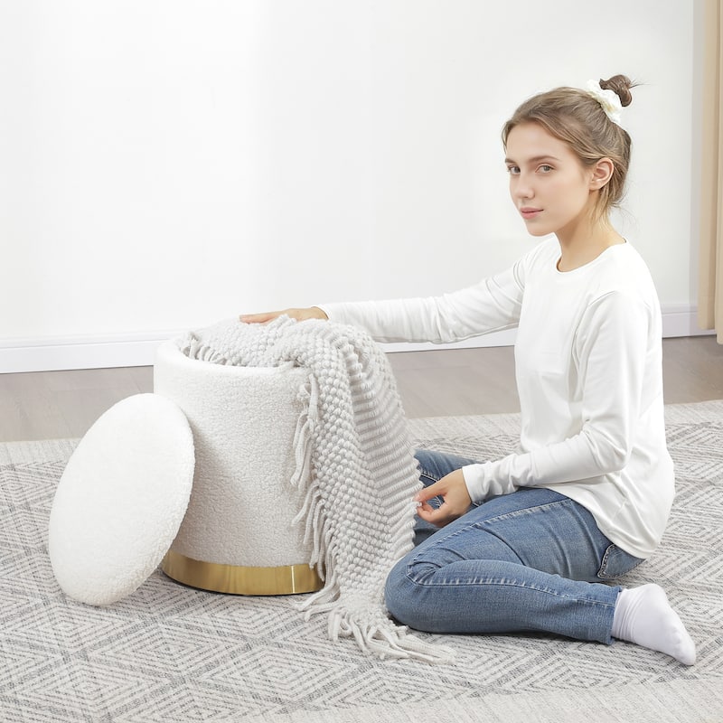 Adeco Velvet Round Storage Stool Gold Plating Base Storage Ottoman