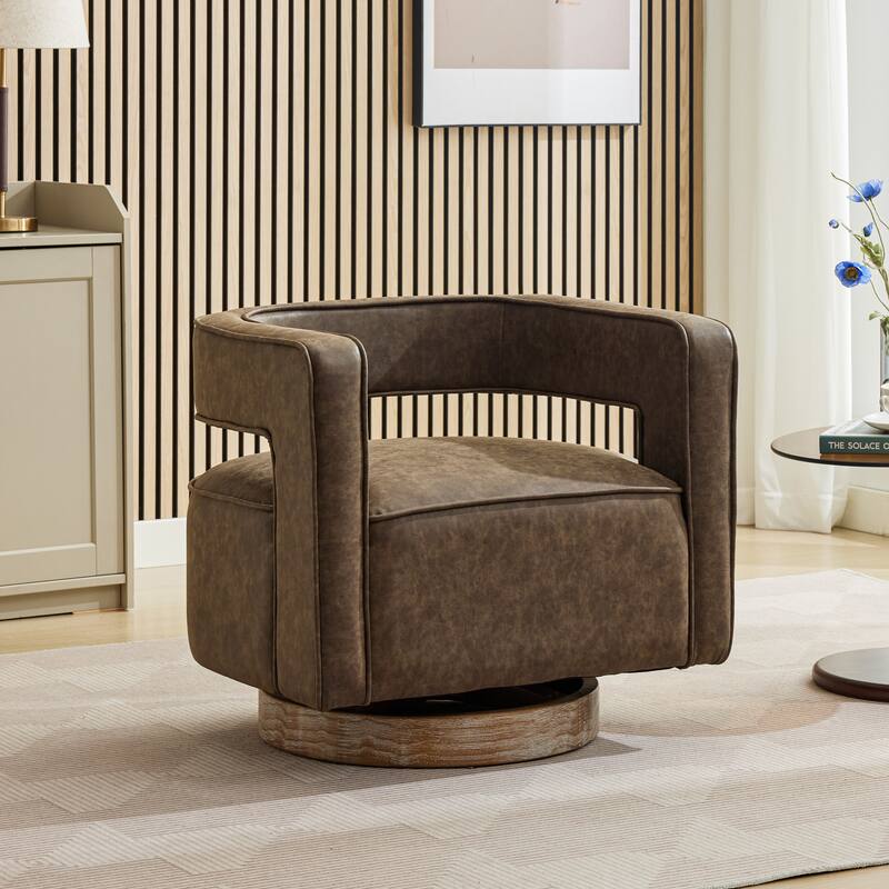Modern Swivel Chair,PU leather Barrel Chair with Wooden Base and pillow