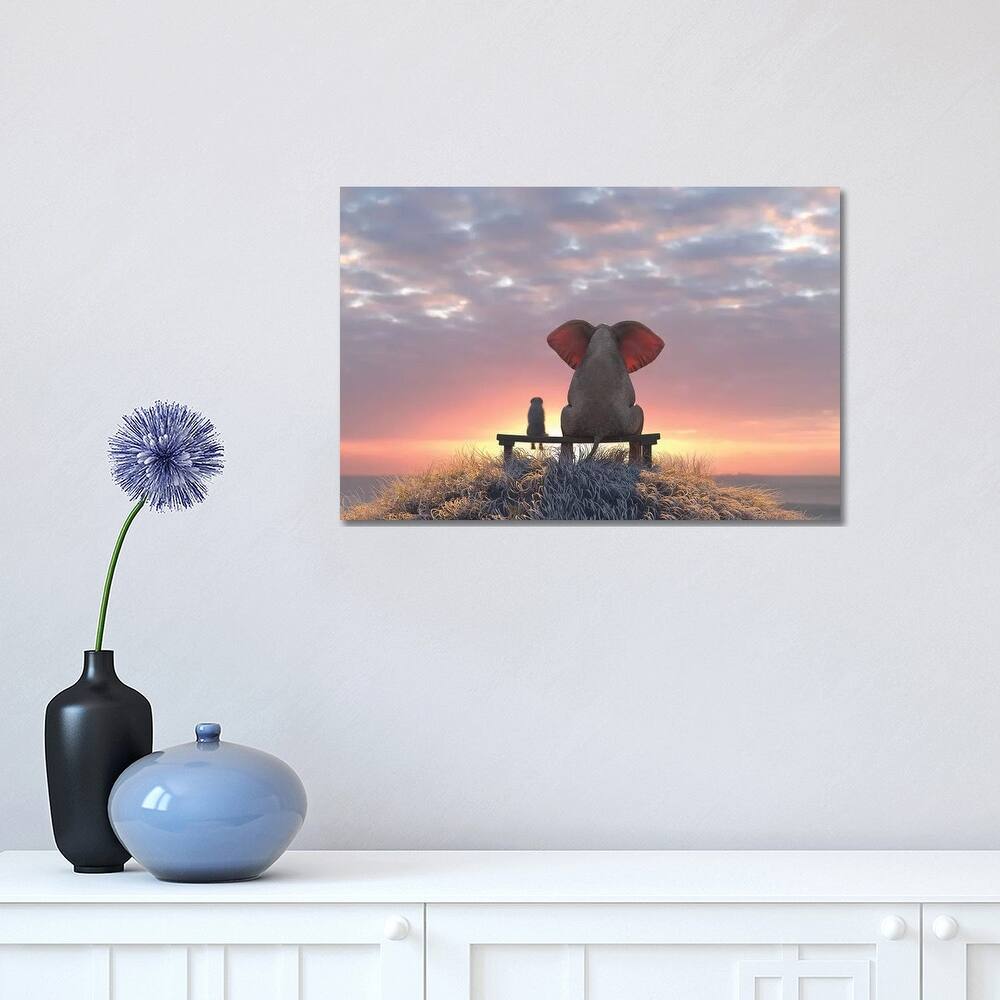 iCanvas "Elephant And Dog Watch The Sunrise On The Seashore" by Mike Kiev Canvas Print