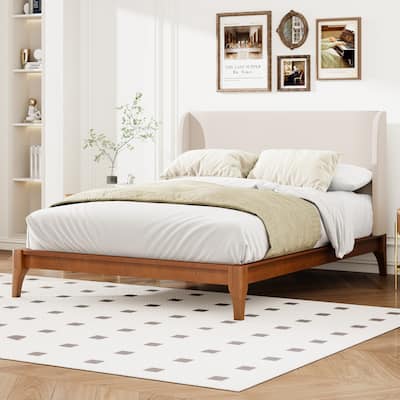 Solid Dry Bamboo Wood Platform Bed with Upholstered High Wingback Headboard, Mortise and Tenon joint, Noise-Free, Easy Assembly