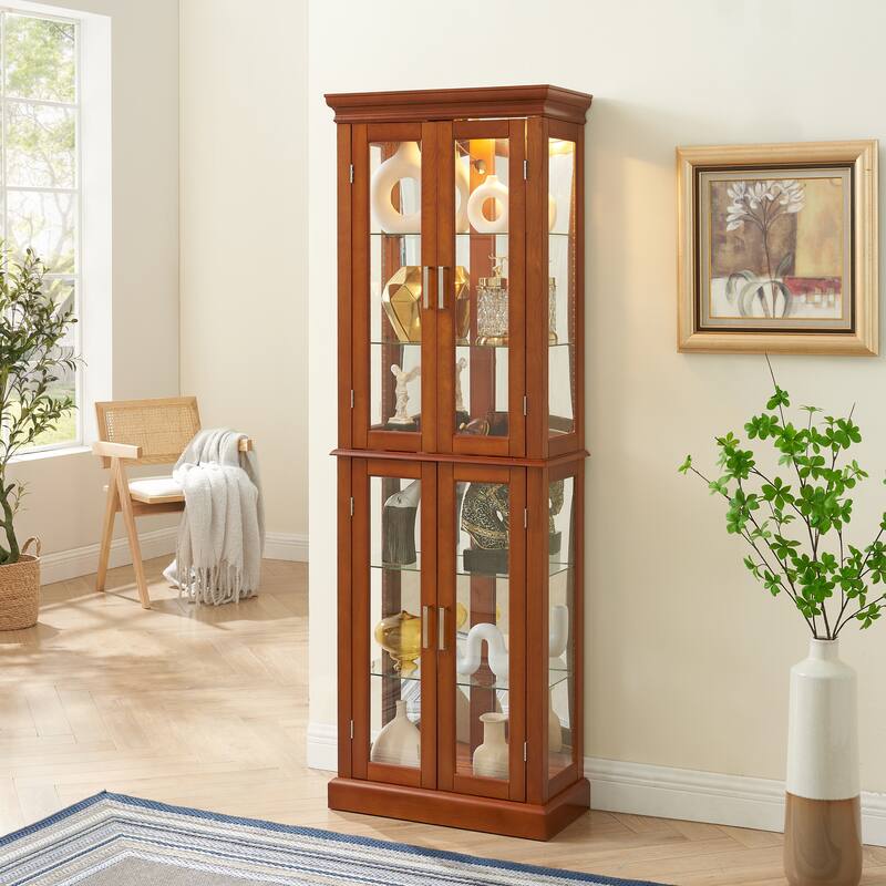 Curio Cabinet Lighted Curio Diapaly Cabinet with Adjustable Shelves and Mirrored Back Panel, Tempered Glass Doors