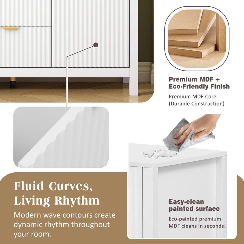 Roomfitters Modern Sideboard Buffet with Wave Design, 3 Drawers and Adjustable Shelves, Storage Cabinet with Gold Handles, White