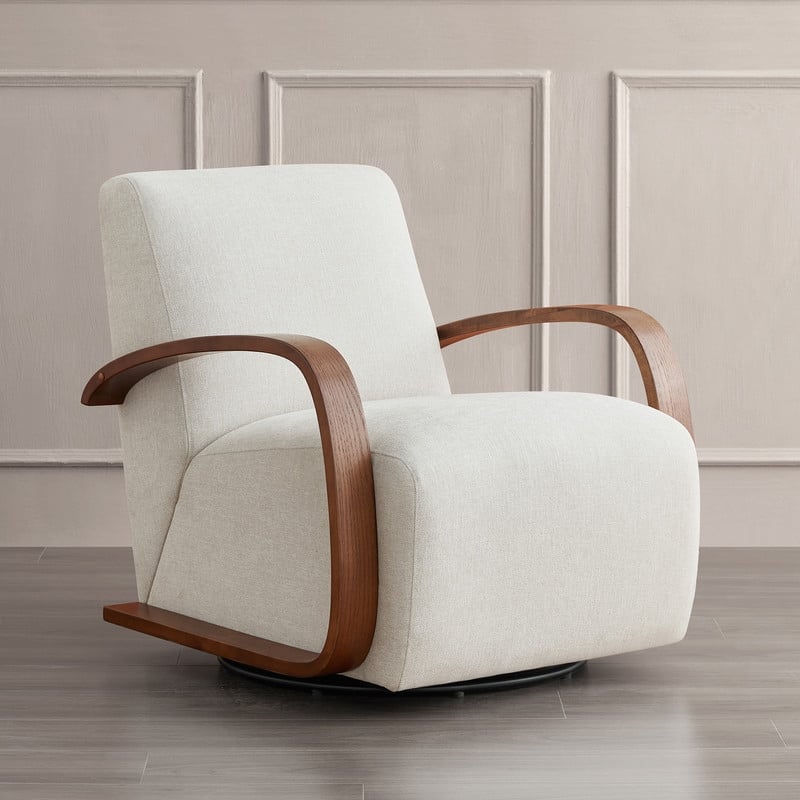 Eli Swivel Accent Chair with U-Shaped Wood Arm - Set of 2 - Linen&Walnut