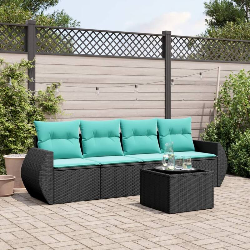 vidaXL 5 Piece Patio Sofa Set with Cushions Black Poly Rattan - 27.6 x 24.4 x 27.2