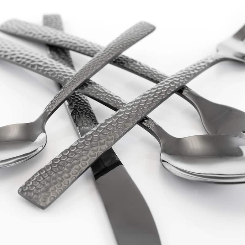 Daisy 20 Piece Hammered Design Stainless Steel Silverware Set in Black