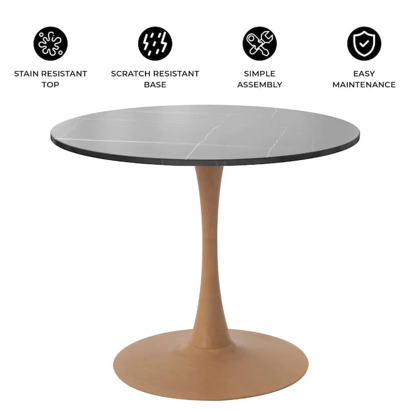 Bristol 27" Round Dining Table with Sintered Stone Top and Natural Wood Steel Pedestal Base for Modern Kitchen and Dining Room
