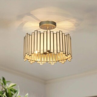 Tifany Modern Glam Gold 3-Light Drum Chandelier Glass Semi-Flush Mount Ceiling Light Dimmable - D 12.6" * H 10.2"