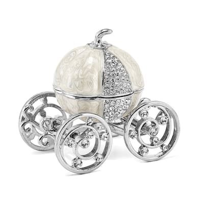 Curata Pewter Crystals Silver-Tone Enameled Ever After Pumpkin Coach W/Ring Pad Trinket Box on 18 Inch Necklace
