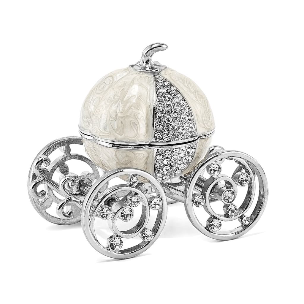 Curata Pewter Crystals Silver-Tone Enameled Ever After Pumpkin Coach W/Ring Pad Trinket Box on 18 Inch Necklace