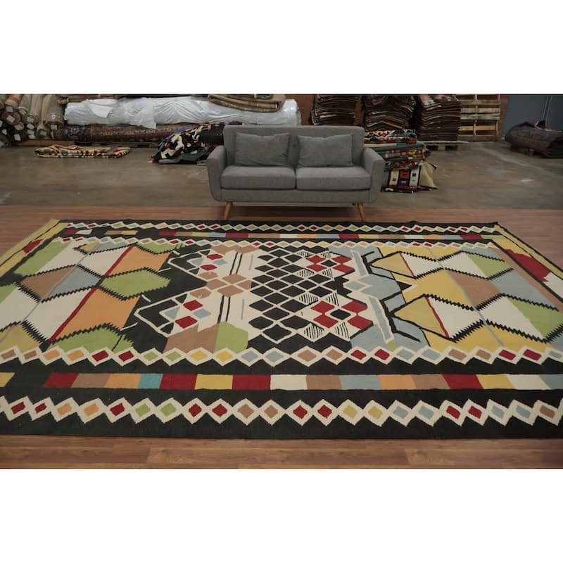 Hand Woven Oriental 100% Wool Carpet Southwestern Modern Multi-Colored Kilim Area Rug - 14' 2'' X 9' 8''