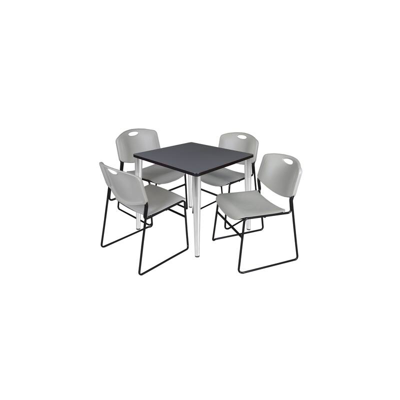 30 in. Square Breakroom Table- Grey Top, Chrome Base & 4 Stack Chairs- Grey - Grey, Black, Beige