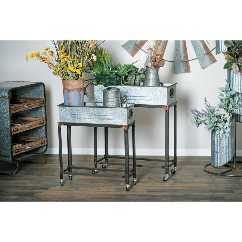 Metal Indoor Outdoor Planter with Removable Rolling Stand - Set of 2 Gray - Roche River Decor
